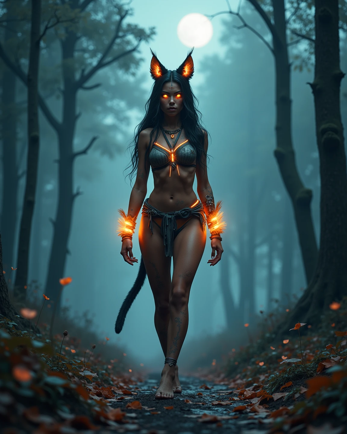 Many Succubus、A shining succubus dances、A beautiful and delicate succubus in a revealing outfit、(Correct Anatomy:1.37)、(Succubus movements shown with motion blur effect:1.5)、(highest quality、4K、8k、High resolution、masterpiece:1.2)、Very detailed、(Genuine、Realistic、Realistic:1.37)、Detailed Succubus、Fantastic lighting、green々leaf、Magical atmosphere、Dramatic Shadows、Beautiful night forest scenery in vibrant colors