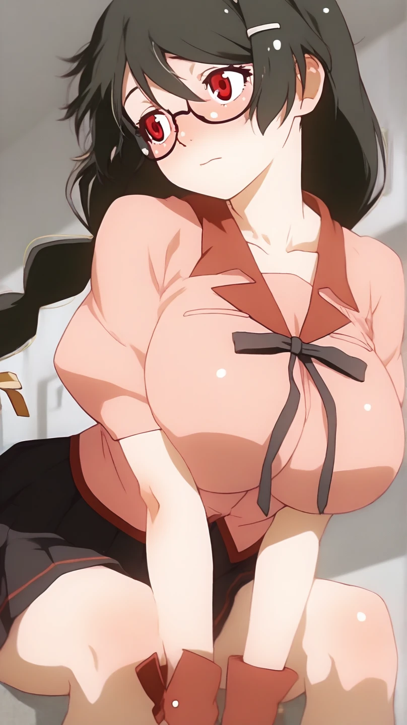 ((best quality)),((highly detailed)),masterpiece,absurdres,detailed face,beautiful face,(detailed eyes, deep eyes),1girl,((dynamic pose)), jabami yumeko, purple hair, long hair, solo, red eyes, open mouth, bow, large breasts, chalkboard, classroom, cowboy shot, school, indoors,desk, angry, looking at viewer, wearing white tanktop, put your hands behind your head, armpits, armpits visible, sweaty armpits,
