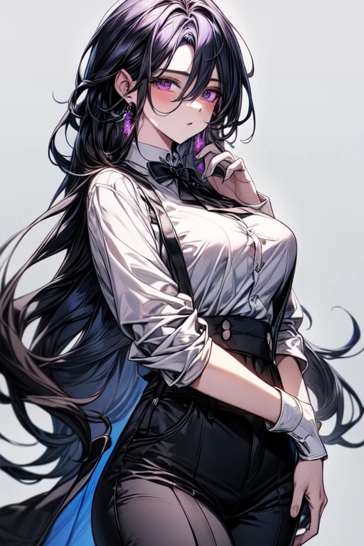 17 year old woman with long black wavy hair, de un cuerpo muy bien formado, pechos grandes y trasero igual de grande. small waist. De piel blanca con pecas alrededor del cuerpo. Big red lips with long eyelashes. Purple eyes with heart-shaped pupils. De ropa una camisa corta ajustada negra y unos pantalones negros holgados