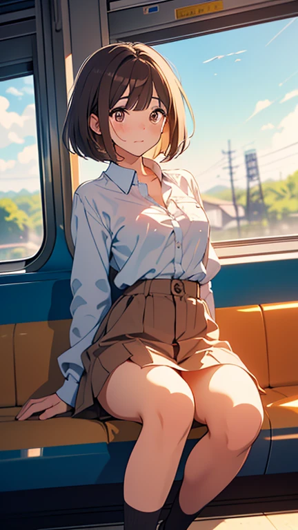 (masterpiece, best quality:1.2), abandoned train, in a flower field, 1girl, white panties, open shirt, sitting by a train, warm, summer, vibrant colors, best lighting, best shadows