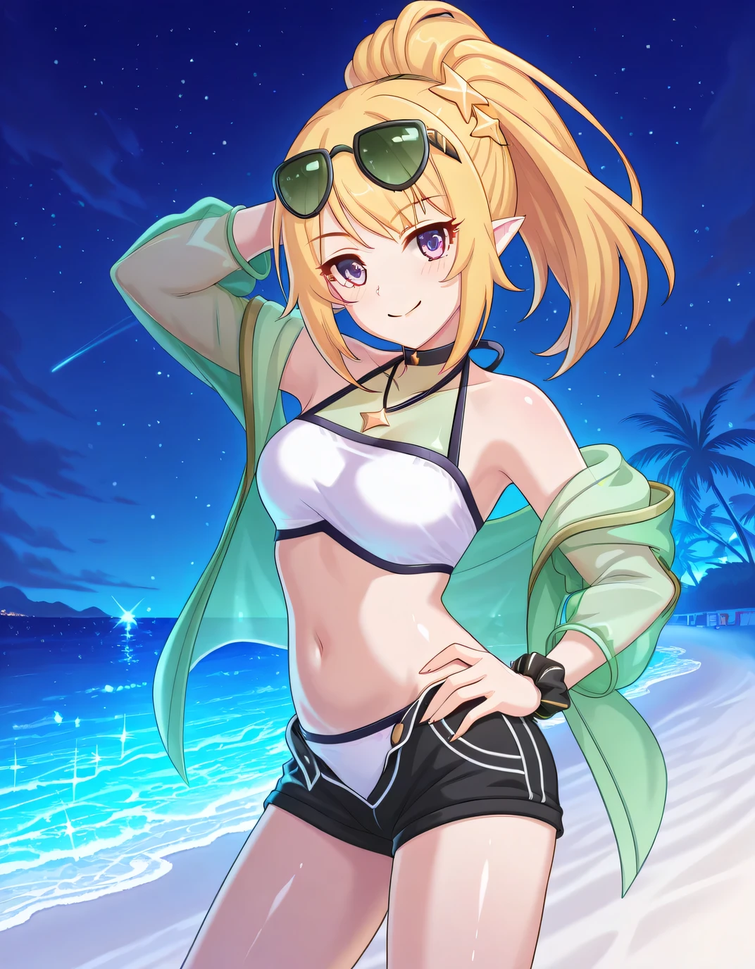 chloewinterPCR, long hair,blonde hair, hair ornament, navel, bare shoulders, purple eyes, jacket, swimsuit, ponytail, sidelocks, bikini, thighs, open clothes, pointy ears, midriff, off shoulder, stomach, open jacket, short shorts, halterneck, black choker, white bikini, black shorts, sunglasses, eyewear on head, green jacket, star hair ornament, open fly,green see-through, source anime, shiny skin, high quality, solo, night sky, beach, hand behind head, hand on hip, ((contrapposto)), closed mouth, cowboy shot, looking at viewer, smile, best quality