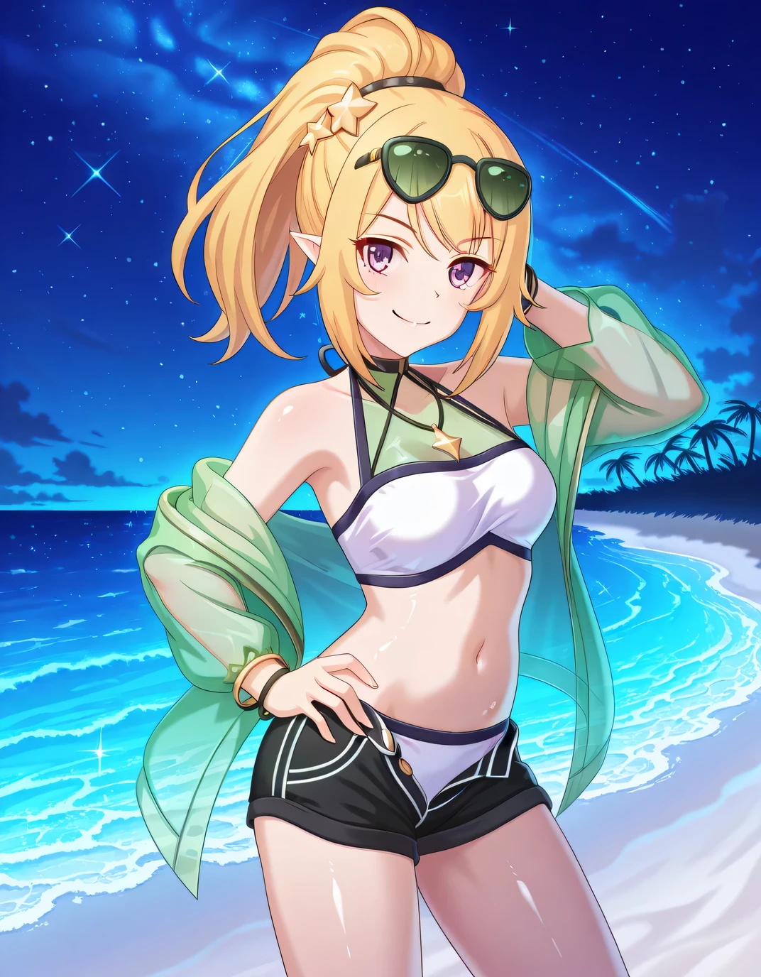 chloewinterPCR, long hair,blonde hair, hair ornament, navel, bare shoulders, purple eyes, jacket, swimsuit, ponytail, sidelocks, bikini, thighs, open clothes, pointy ears, midriff, off shoulder, stomach, open jacket, short shorts, halterneck, black choker, white bikini, black shorts, sunglasses, eyewear on head, green jacket, star hair ornament, open fly,green see-through, source anime, shiny skin, high quality, solo, night sky, beach, hand behind head, hand on hip, ((contrapposto)), closed mouth, cowboy shot, looking at viewer, smile, best quality