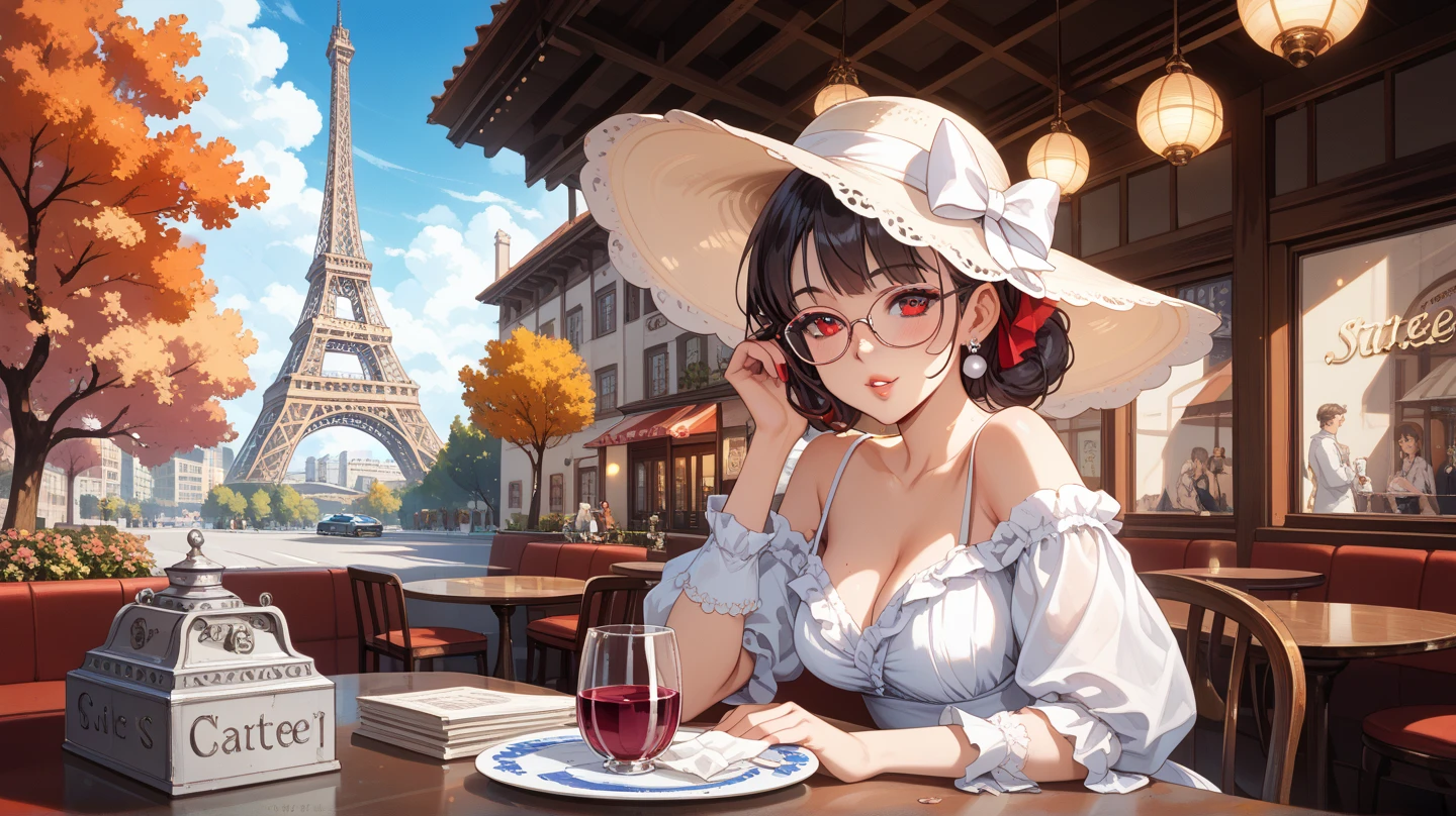 Attractive near the Eiffel Tower, Brown hair, sac attrayant, Derrière le soleil, Attractive view,medium shot, drink a glass of wine sitting on a chair on a terrace at the top of a building with a view of Paris, Elle porte un haut blanc décolleté. tout le corps est visible, She is wearing tight jeans. size of D cup breasts and large buttocks. on the back voice, le corps entier est visible. elle tourne la tête pour regarder la caméra