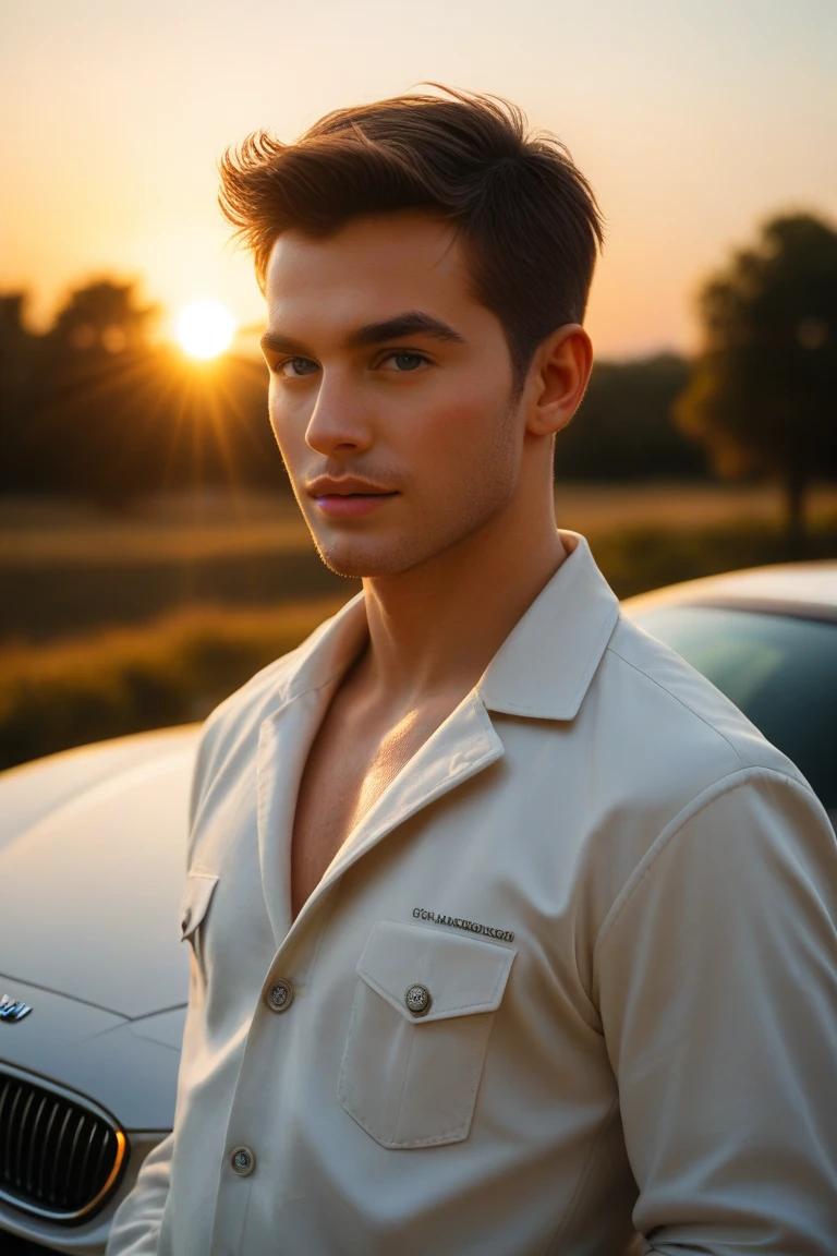 Young person sitting a car outside flowers with hand impresive eyes six pack body