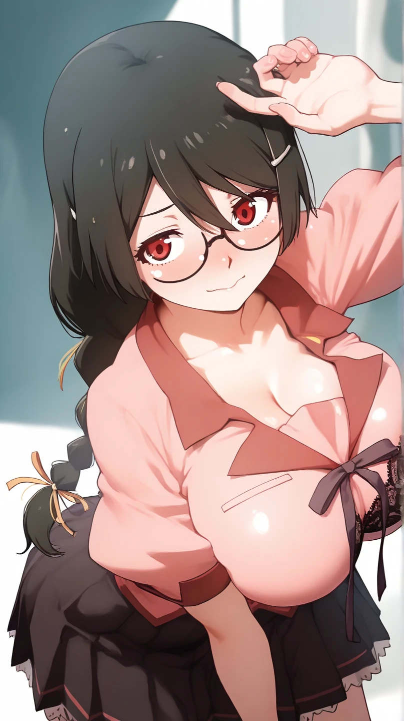 (perfect body),highest quality,16k、Masseter muscle part、((NSFW))、((((embarrassing))))、(breast enhancement)、Are crying、(obesity)、(kissing)、Tree Fe○lumes、short hair、(red eyes),black hair、((Sweat))、(((focus on face)))、(bedroom at night)、glasses、sticking out tongue