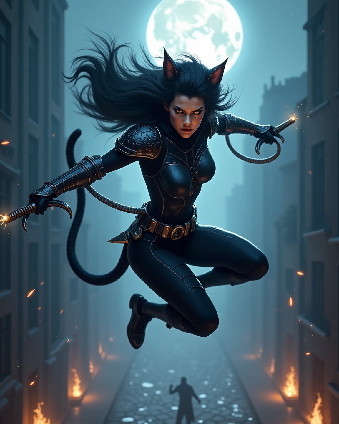 A captivating Catwoman figure, boasting generous assets, leans against the cold brick wall of an abandoned alley. The velvety fabric of her iconic suit clings to her curvaceous figure, revealing the allure of her ample cleavage. Her seductive green eyes gleam in the dimly lit street, a sly smile playing at the corner of her mouth. Her agile form exudes an air of mystery and temptation, beckoning the viewer deeper into the night. The intricate details of the suit's texture and the glossy finish of her feline ears add to the masterpiece of this art piece. The scene is a stunning blend of realism and fantasy