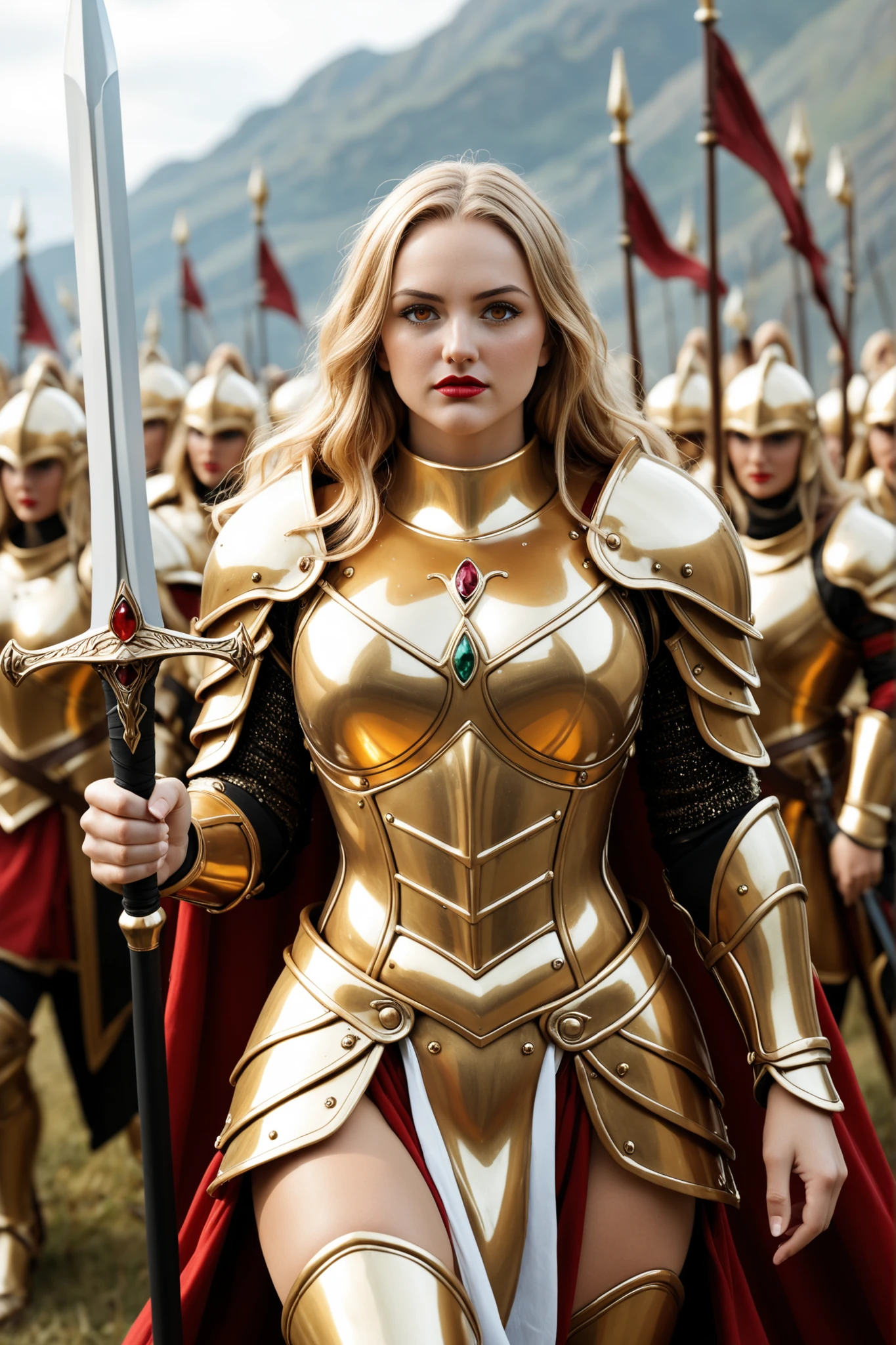 Depicting the entire body, a female warrior with a voluptuous and beautiful body stands bravely, wearing intricate and strong shining golden armor, vowing victory, holding up a hero's sword, a divine morning glow shining on the battlefield, crimson lipstick, a shining nose, jewel-like glittering eyes, long golden hair, a body with beautiful feminine curves,