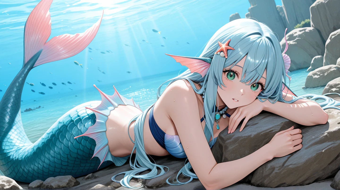 (1girl:1.21), mermaid, bob cut, cleavage, (chains:1.1), huge breasts, heart pasties, metal collar, tongue, fang, (in the sea:1.1), (the tail of a fish:1.1), in the water, swimming uniform, long whitr hair, flowy, airbubble, Long light blue hair, Hasselblad, 135mm, f/4.0, ray tracing, cinematic lighting, drop shadow, backlighting, ccurate, textured skin, anatomically correct, super detail, high details, high quality, 4K