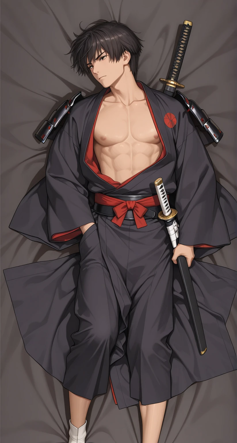 Mikey,1st grade,Foco masculino,blonde hair,medium hair,olhos negros,olhos vazios, corpo inteiro,smile,3 metros de distancia, de longe, Roupa de samurai,