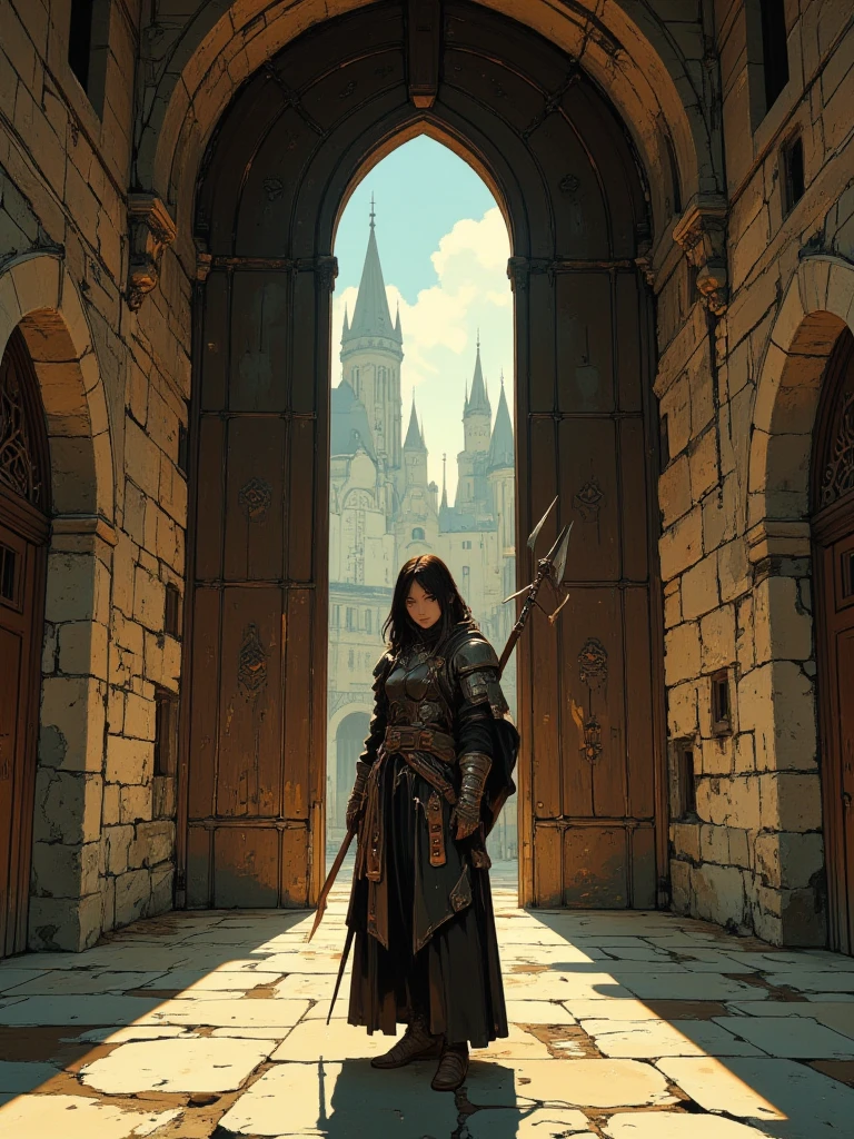 A young medieval warrior girl stands wearily in front of the doors of the castle corridor as a guard, wearily watching the viewer. Her outfit is a mix of leather and chain armor, holding a halberd or other weapon. Lighting emphasizes the texture of the walls in the foreground and creates a striking contrast with bright sunlight, with. Anime style, very finely detailed, masterpiece