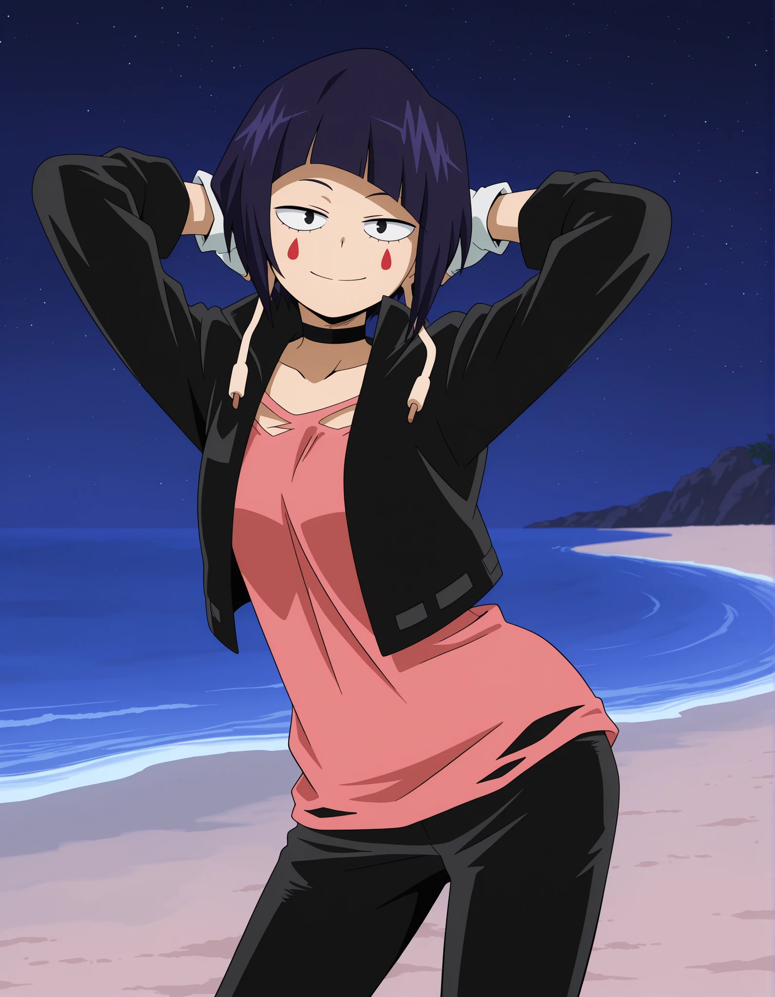 illujiro, short hair, bangs, long earlobes, purple hair, black hair, black eyes,
facial mark, black jacket, collarbone, choker, white gloves, fingerless gloves, pants, pink shirt, anime screencap, shiny skin, high quality, solo, night sky, beach, hands behind head, ((contrapposto)), closed mouth, cowboy shot, looking at viewer, smile, best quality