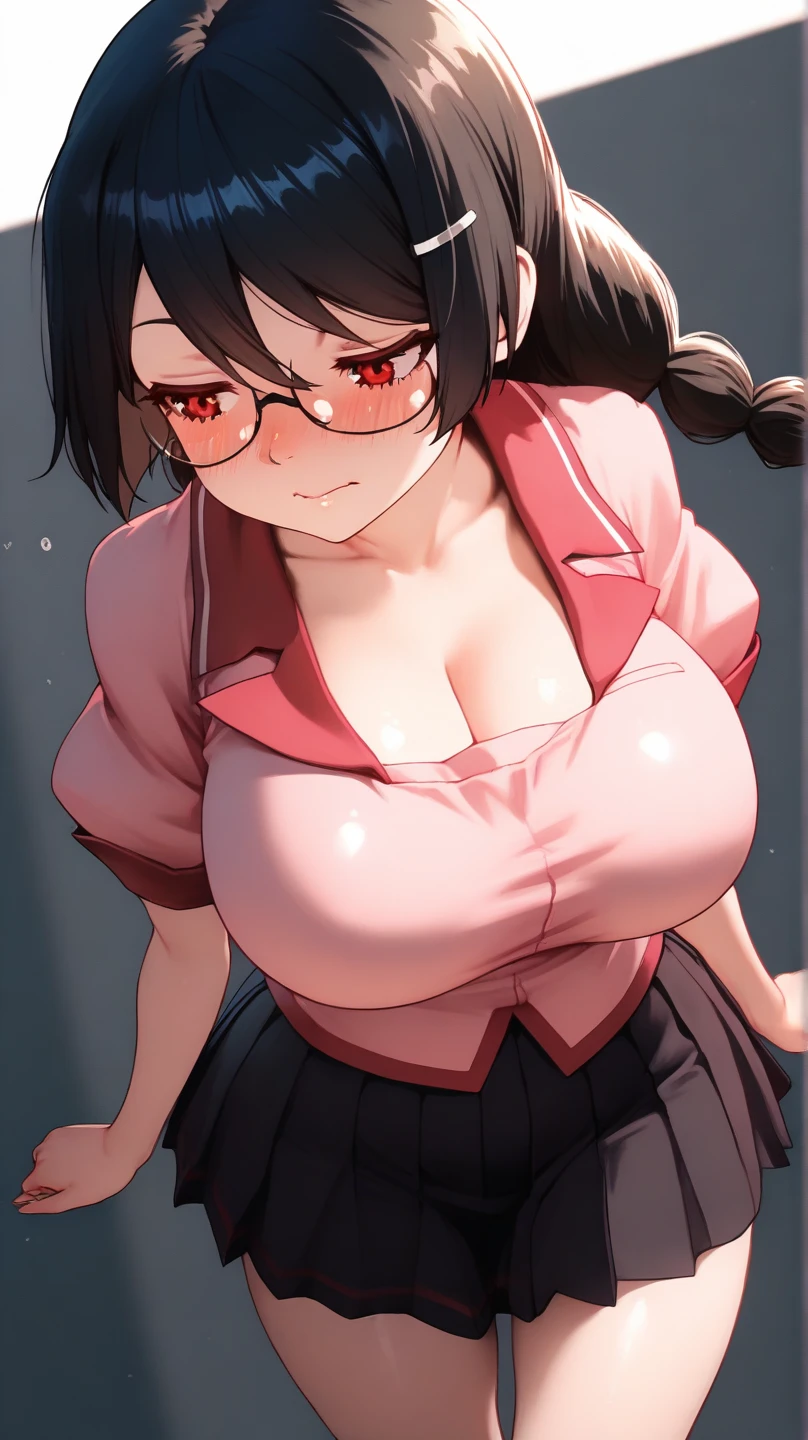 hiquality、16 K、NSFW、((huge chest head)),fatness、thick thighs、 (Red eyelashes,:D、Short hair, (Black hair),(Arms behind your head),(Sweat)、((put one'Feet on the desk))、(nipples are protruding)、((Pink leotard))、(white glove、white knee-socks)、Office room、Standing、Dynamic Angle、eye glasses、