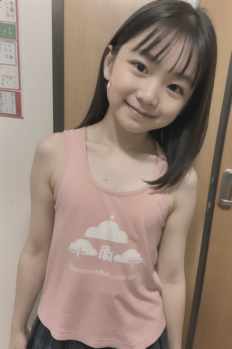 Japanese,Beautiful girl at 6 years old:1.85,Baby Face:1.85、Ultra-flat chest:1.85、Ultra short height、An innocent smile,cute,Primary school students,女子Primary school studentsの私服,Summer clothes、clavicle、Black Hair、Nipples are visible、Inside the kindergarten、Childish、short hair
