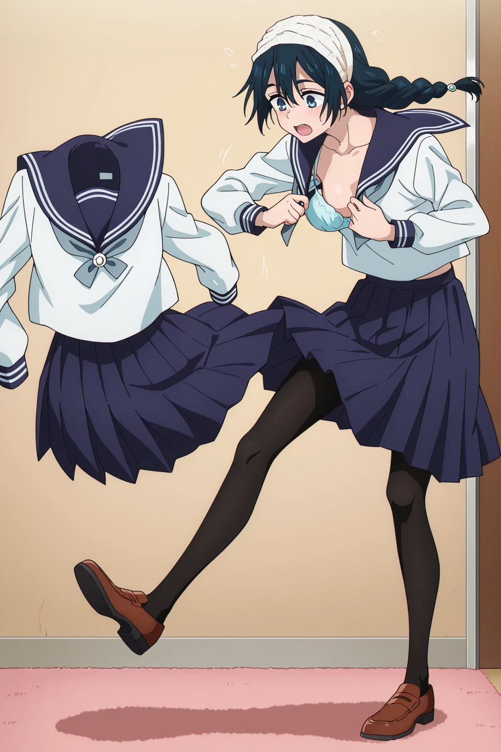 Browsing Caution,(((Perfect Anatomy, Anatomically correct, Very detailedな肌))), 1 girl, Japanese, high School girl, Shiny skin, Observe the audience, ((Back view, From below)), Beautiful Hair, Beautiful Face, Beautiful details, (short hair:1.1, Bobcut:1.2), Dark blonde hair:1, blue eyes, Baby Face, Mole under the eye, Beautiful clavicle, Beautiful body, Beautiful breasts, Big Breasts:0.5, Beautiful thighs, Beautiful feet,  ((Short sleeve, Cute Sailor Suit, All dark blue, Dark blue pleated skirt, Navy blue sailor collar, Sailor scarf, socks, Brown Loafers)), Captivating thighs, (Red Slave Collar), ((Embarrassing, Scared, sad, tears, cry, Half-open mouth)), Are standing, (((Leaning forward), Taking off white panties:1.8, Raise one leg,I&#39;m not wearing anything、Lower body naked、No underwear、 (Pull on white panties:1.5))), (Beautiful views), summer, School, locker room, 8k, highest quality, Masterpiece​:1.2, Very detailed), (Realistic), Beautiful illustrations, Natural light, whole body,Overflowing Sex Fluids:1.5