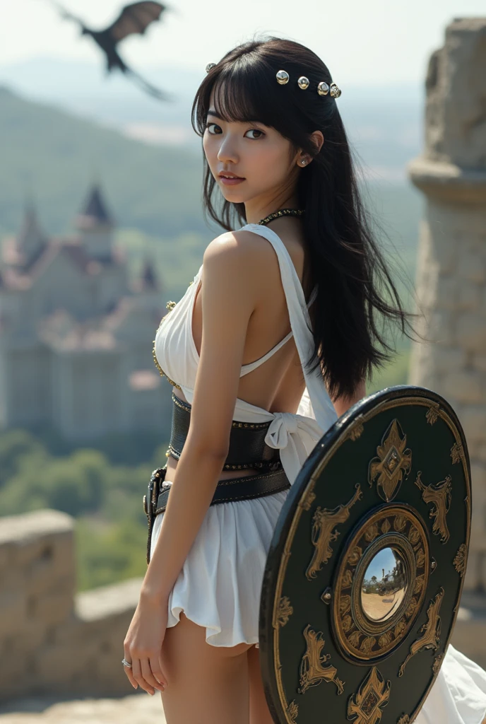 (RAW Photos:1.2), (Realistic), Beautiful detailed girl, Very detailed eyes and face, Beautiful fine details, Large file size, High resolution, Very detailed, highest quality, [Tabletop:1.6], figure, Very detailed, The finer details, highest quality, 8k wallpaper, Cinema Lighting, A 15-year-old female hero from Japan, Embark on an adventure, Departing with the castle in the background, Cute eyes, Long wavy black hair,  White bra,  White panties, Holds a holy sword in his right hand, Holding a shield in the left hand, Slender body, Young face, Small breasts, Exposed underwear, A spectacular sight