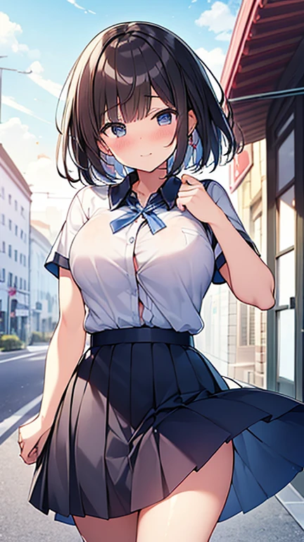 ((top-quality、8K、masterpiece:1.3))、女の子1人、2 arms、accurate and beautiful hands、a train with many people on it、Slender Abs、hyperdetailed face、A detailed eye、二重まぶた、very Bigger breasts、large full breasts、Colossal tits、Neat and clean schoolgirl、short-hair、Straight bob hair、Shorthair with bangs、A smile、Schoolgirl Uniform、Low male genitals visible through the skirt、An 18-year-old woman、Sheer white shirt、Unbutton and unfold the shirt、Exposing breasts、Navy blue ribbon at the collar、Dark Blue Pleated Micro Mini Skirt、He carried his navy blue student bag over his shoulder..、Peek at the viewer、graphics beautiful、On the train、There are a lot of people、Show me your whole body、From head to toe、beautiful daruma pictures、 Standing、No bra、teats see through、You can see the shape of your nipples even through your shirt..、No panties、No panties、No panties、Detailed female genitalia shape pantyhose is missing、(Facing the front)(((Blushing cheeks、embarassed expression)),(((Pull up the skirt with your right hand)))、Showing female genitalia、、Background depth of field、On the train、((A man in a suit standing behind))、((A man rubs my chest from behind))、Please choose one'skirt in the crowd、Found in many men、Eyes are hearts、trembling with excitement、White breath、Panties on the thighs