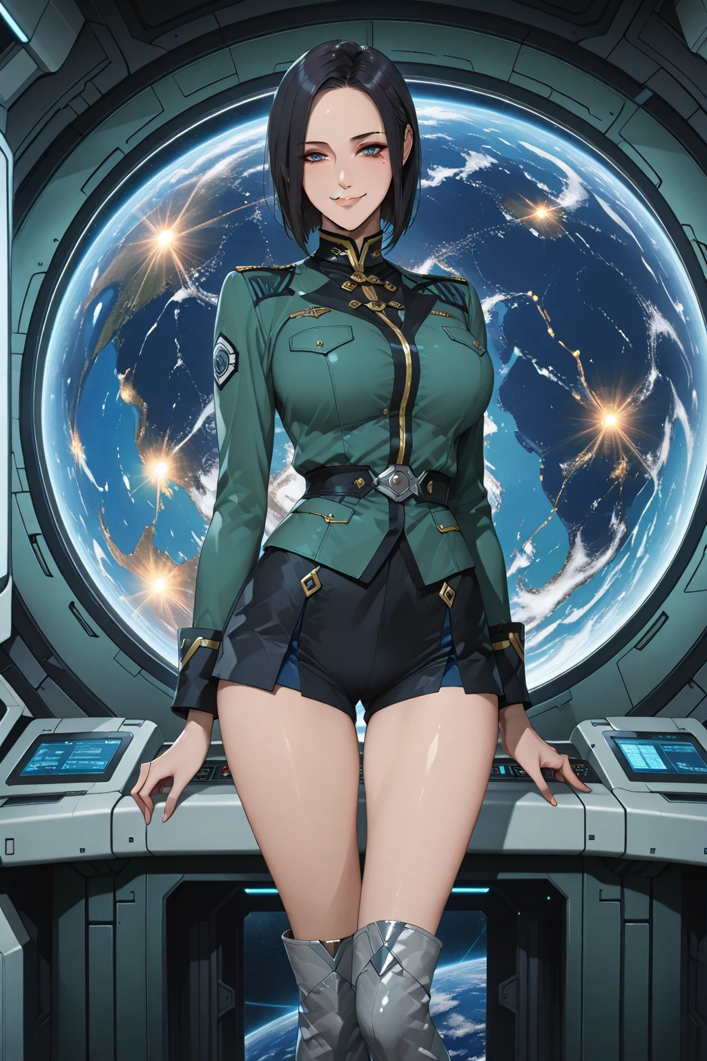 volumetric lighting, official style, amazing quality, ultra detailed, highres, detailed background, anime screencap, anime coloring, masterpiece, detailed face,GQX,Comoli_Harcourt Lora,Inside a spaceship bridge, with a wide panoramic window showing planet Earth in the distance. High-tech control panels with glowing lights, sleek metallic interior, ambient sci-fi lighting,outer space visible beyond the glass., (brown and blue eyes), (black hair, short  hair,perfect center-parted,forehead,parted bangs),GQX,military uniform, mole under eye, (green jacket),(black mini straight culottes),(light gray over-the-knee boots),(large breasts,wide hip),naughty face,smile,standing,back shot