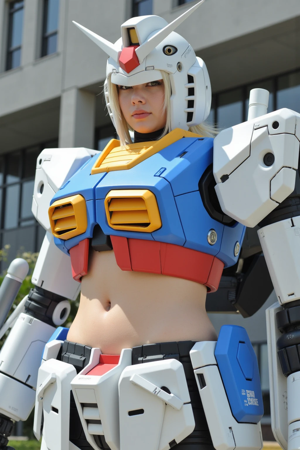(highest quality), (masterpiece),beautiful girl、rocket boobs， Personification of Mobile Suit Gundam F91, Great highlights of the upper body, Powerful Mechs, ビームライフルを持つbeautiful girl, baby face, Nose and chin are not noticeable, Neat smile, medium hair, sagging eyes, moist wet rather thick thighs,,,,,, attractive waist, No panties, loincloth, Absolute area,sexy，Gundam style cosplay，Mecha armor type micro bikini、（red、green、White Gundam style micro bikini）