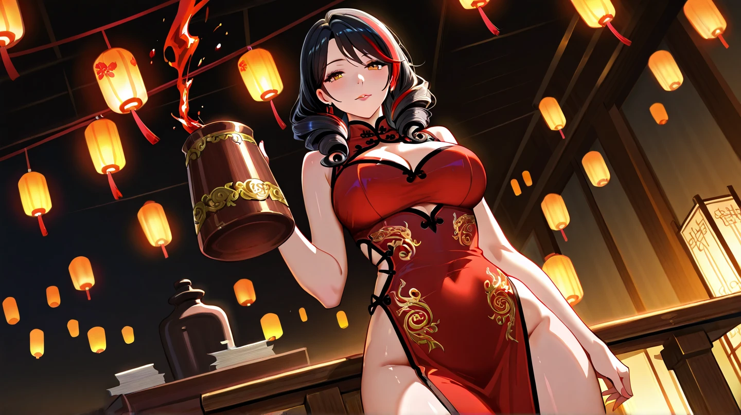 princess azula, evening, sunset, looking at viewer, cleavage, red satin robes, clothed bathing, girl floating above the water, palace, temple, fire, lava, red glowing, smug face,