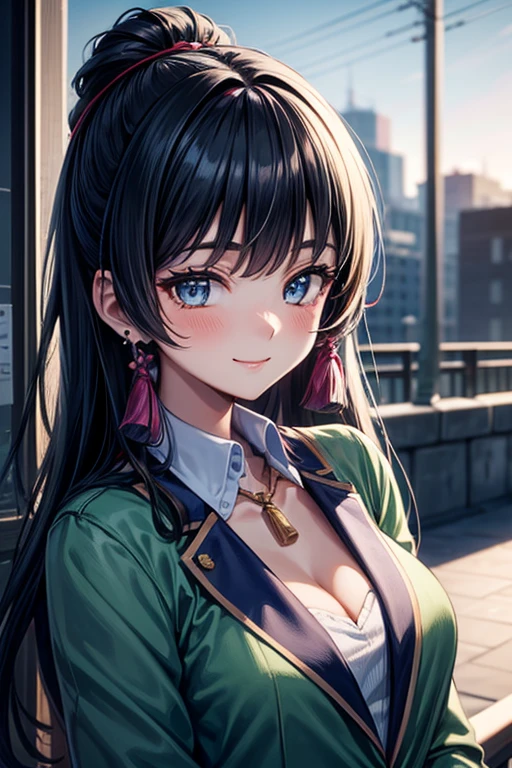 (masterpiece:1.2, highest quality), (woman1name:1.6)(realistic, photorealistic:1.4), beautiful illustrations, (natural side lighting, movie lighting),
looking at the viewer, face focus, Upper body, woman1name, Japanese, perfect face, perfect body, Cute symmetrical face, shiny skin, , medium breasts:1.4
((high ponytail:1.4, light brown hair, long hair)), hair between eyes, emerald green eyes, seductive thighs, thin,
beautiful hair, beautiful face, thin and beautiful eyes, beautiful clavicle, beautiful body, beautiful breasts, beautiful thighs, beautiful feet, beautiful fingers,
((buzzam back button tunic:1.3 )),
(beautiful scenery, evening, garden, cute smile),