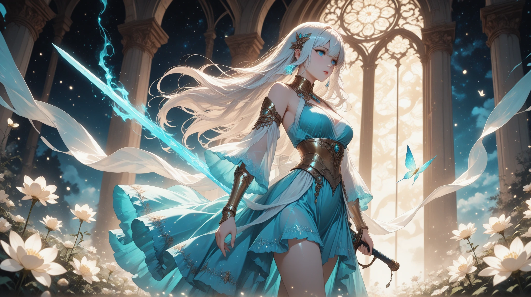 masterpiece, best quality, 1woman, adult, female focus, solo, medium white hair, vibrant white eyes, looking at viewer, High quality metal texture, closed mouth, bangs, high collar,(kbxll:0.6), Fantasy aesthetics, Highly detailed, shadowverse style, harp with water elemental power, elf ear, goddess dress