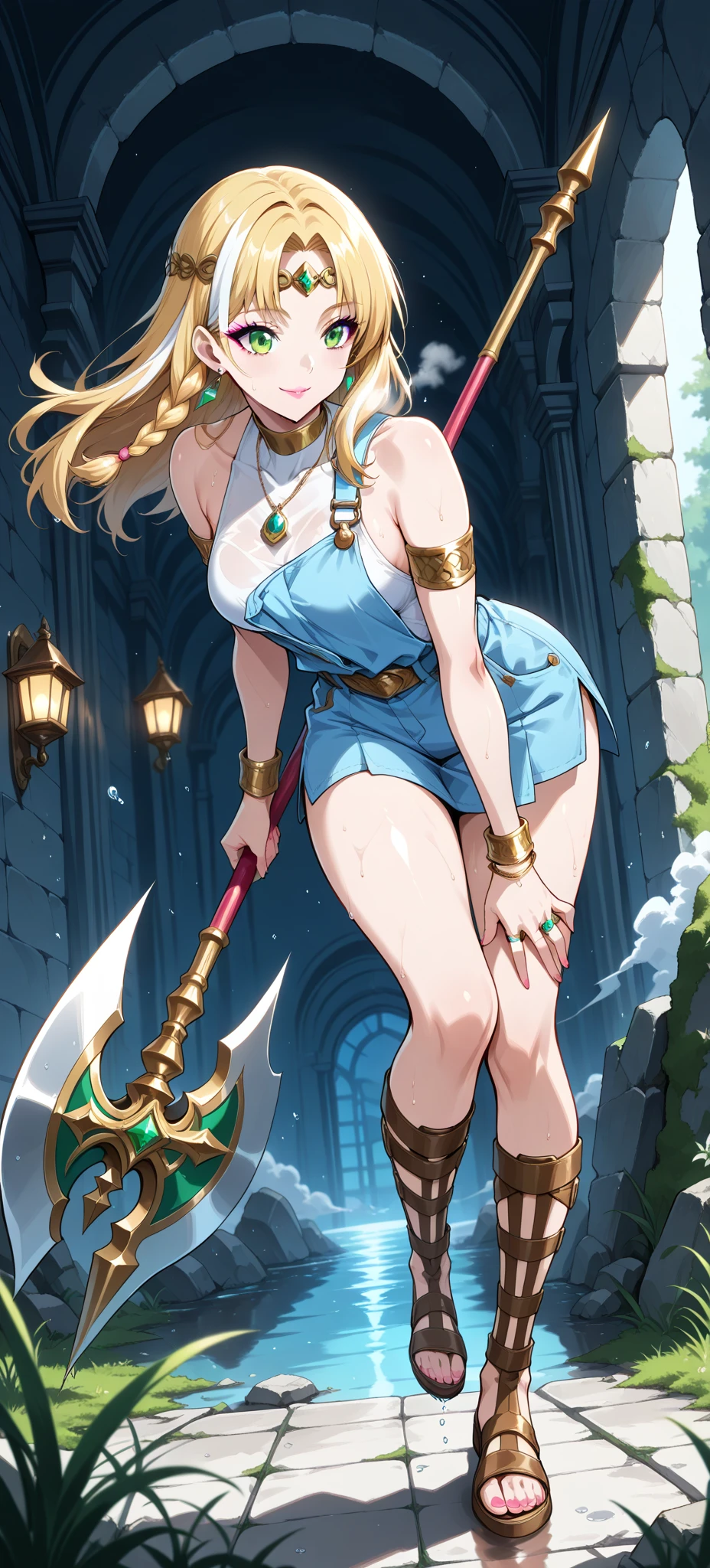 nsfw, (Dark_Magician_Girl, tentacle sex, doggy-style sex, tentacle vaginal insertion, view from side, torn cloth, stone ground, tentacle back ground, her arms up, tentacle ties her arms:1.0) (full body shot, slim body, short body, teary-eyes, beautiful eyes, bitter tears, opened mouth, erect nipple, cum on body, cum on legs, cum on skirt:1.2), (nude, open cloth, green dress, torn cloth), straight long hair, bronde Hair, (Mid-chest:1.3),Round eyes, Drooling, A face with tears, Sad face, stone wall background