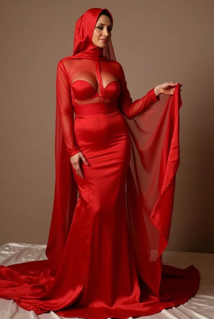 a woman in the translucent red gown, tight full body tied, satin sheet, nipple on with nipple piercing, satin hijab, full body, long satin,mermaid tight long gown, flowy dramatic long gown, tall women, walk downstair, strugle to walk, wear high heels, satin bed, masterpice.