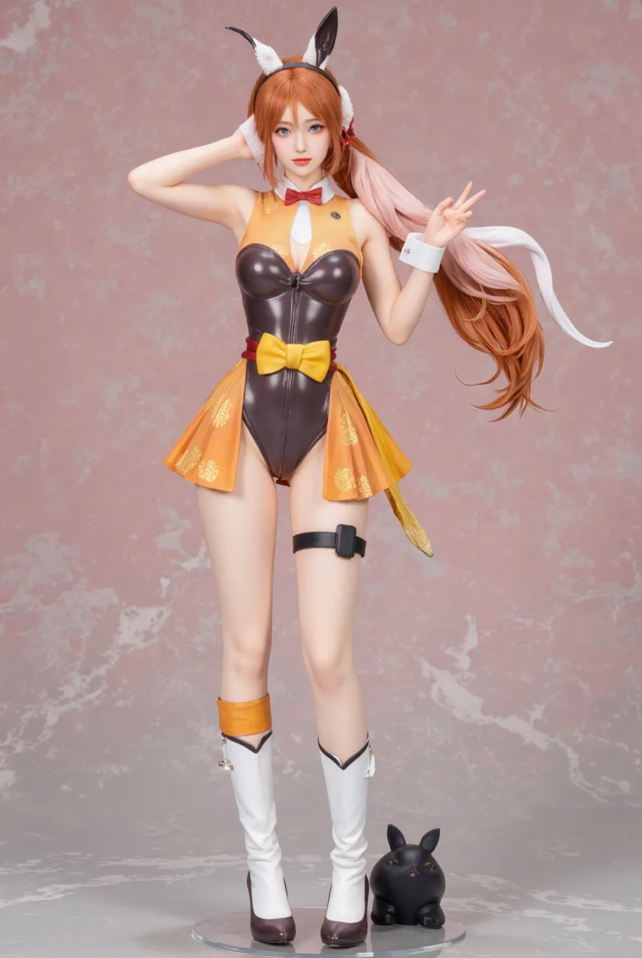 d shouban, solo, 1girl, long hair, megurine luka, gloves, thighhighs, pink hair, blue eyes, animal ears, rabbit ears, thigh boots, boots, hand on hip, wrist cuffs, full body, fake animal ears, smile, very long hair, shorts, looking at viewer, black thighhighs, simple background, blurry background, UHD, 8k, best quality, high details, retina