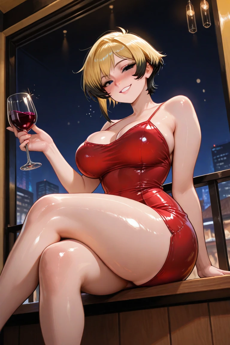 ((high, ideal figure, large breasts and hips)), ((the girl has a perfect face by American standards, blonde, in a red tight dress)), (( in the house after the party, confetti scattered everywhere, holding a glass of wine and smiling)), ((perfect graphics, masterpiece, in detail))