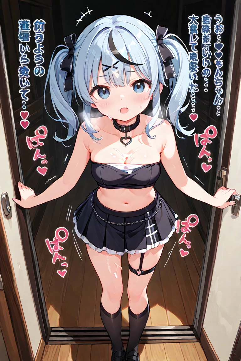 1girl, solo, breasts, looking at viewer, blush, short hair, bangs, skirt, large breasts, black hair, hair ornament, red eyes, navel, cleavage, jewelry, closed mouth, swimsuit, braid, grey hair, bikini, multicolored hair, cowboy shot, sweat, pleated skirt, earrings, virtual youtuber, medium hair, armpits, stomach, arms up, collar, streaked hair, plaid, leaning forward, black bikini, red skirt, plaid skirt, piercing, x hair ornament, ear piercing, arms behind head, steaming body, black collar, arm strap, sakamata chloe