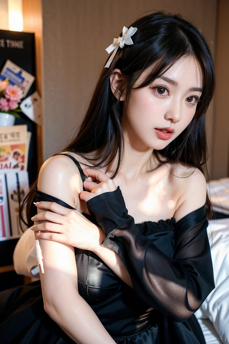 Ultra HDR,ultradetail,a whole body,Lifelike, 8K high resolution,a 1 girl, High ponytailed black hair, Dark eyes, largebreasts, thin waists,thighlet,Very detailed face and skin,Detailed eyes,Double eyelid,cabelos preto e longos,White skin,chineseidol,Young age,Black colored eyes,lip-biting,((8K,RAW photos,Top quality,杰作),HD RAW color photo professional close-up photo,(Lifelike,Lifelike:1.37),(highest quallity),(best shadow),(best illustrations),fcollarbone((maior)),((,erogenous,The ultra-great resolution,high-definition CG unified 8K wallpapers,phisically-based render,18 years old girls,(nightgown,Ribbons,sockes:1.2), beautiful details eyes,((full body shot shot:1.2)),Particularly bright light,(Upper Eye,grin:1.2),shiny skins,(((Brunette Big breasts,bob hair:1.2))),(Thick thighs),Ulzzang-6500-v1.1:0.2,shylily,(sparkels:1.2),NSFW,(puffies),((alluring pose:1.2,mesmerizing:1.2)),(Idle)((Good anatomy:1.2)),((Bright and refreshing classrooms,blured background: 1.2)),Perfect face,cuteface,(high-angle shot:1.2)