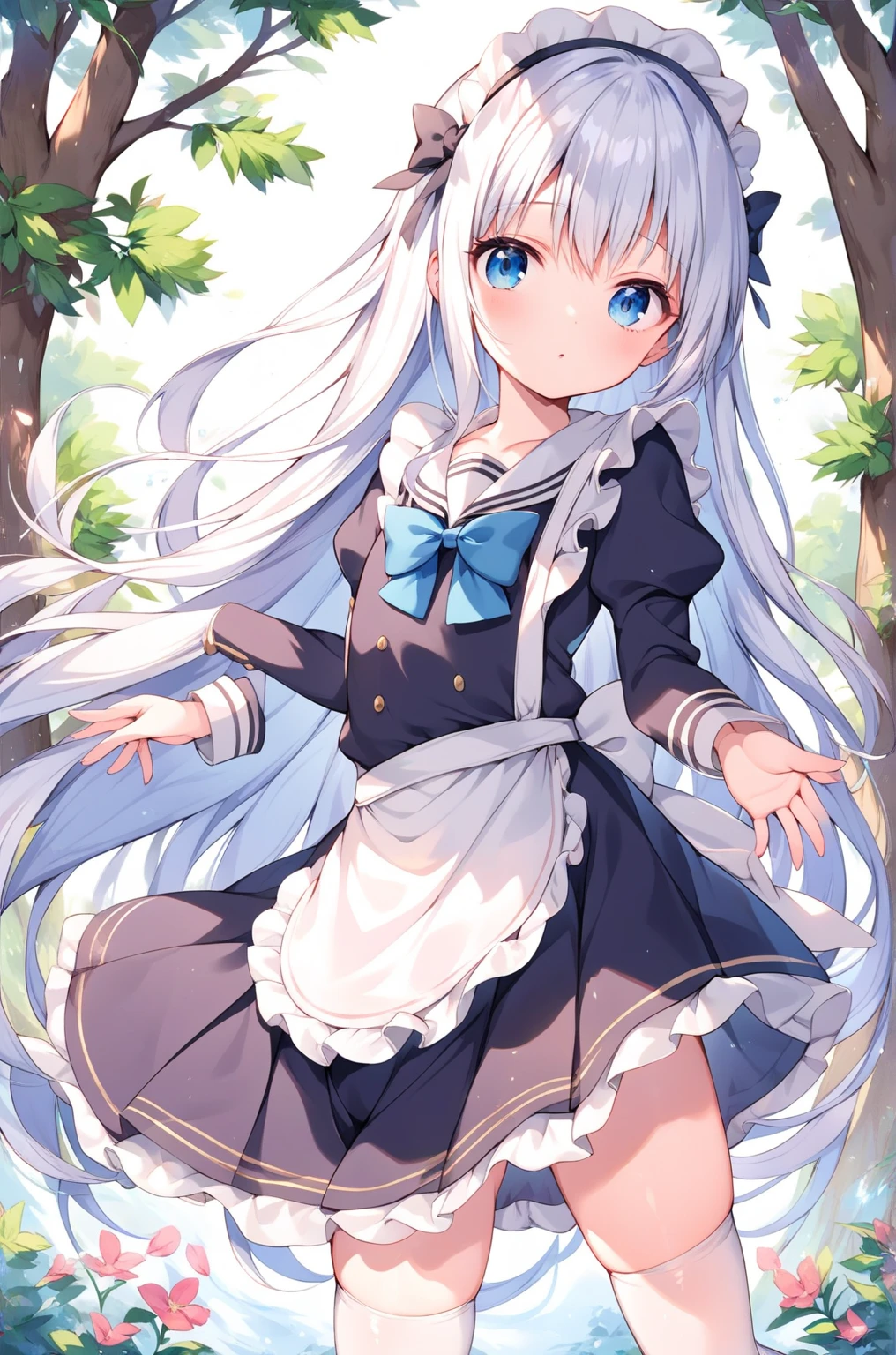 masterpiece, best quality, highres, kei1, 1girl, solo, blue eyes, long hair, white dress, short sleeves, ribbon, bangs, collarbone, gray hair, white skirt, adult appearance, anatomically correct body, hair ornament, black hair band, black pantyhose, neck ribbon, hair between eyes, medium breasts, sailor collar, back, outdoors, (wind: 1.4), panties: 1.3)