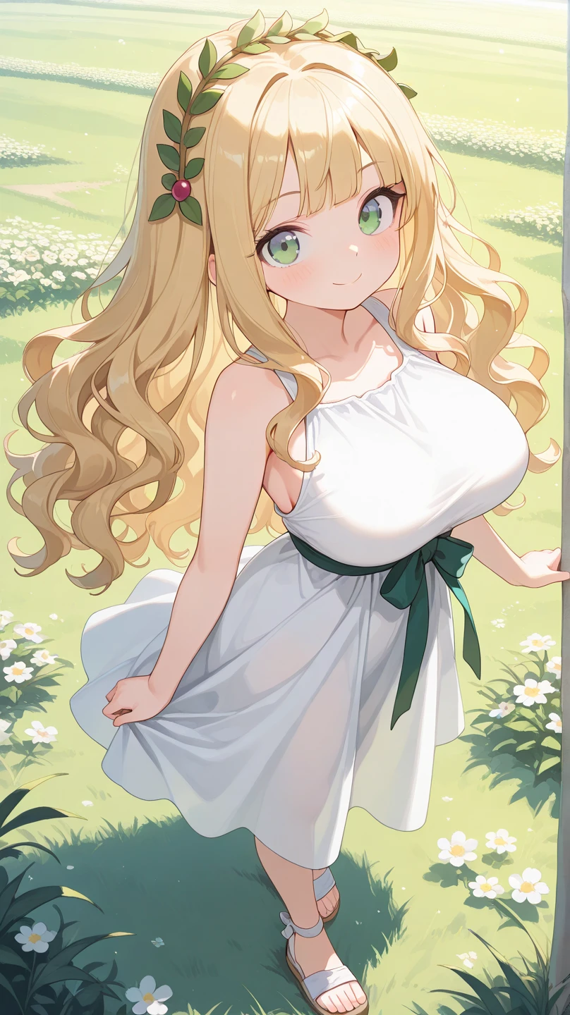 masterpiece, best quality,Facing the audience, Upper Body,woman,greek goddess style, Melon seed face, ((slender eyes)), There is a mole under the eye,Brown eyeballs, Thin lips, blond, Very long hair, close your mouth and smile,30 years old, self-portrait, Simple background,White dress,Big Breasts，cleavage，Smile，Blushing
