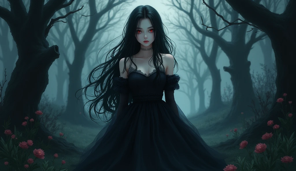 goth korean girl, gothic,1woman,dark town,red eyes,dark ambient,low saturation,anime style,pale skin,long flowing hair,gothic clothing,silhouette,surreal background,mysterious atmosphere,intense emotions,melancholic expression,lens flare,dramatic shadows,symbolic elements,heavy makeup,pale and dark colors,misty fog,ethereal beauty,subtle texture, dark makeup, back shot , full body, wicked smile, seductive witch, the "S" curve model pose