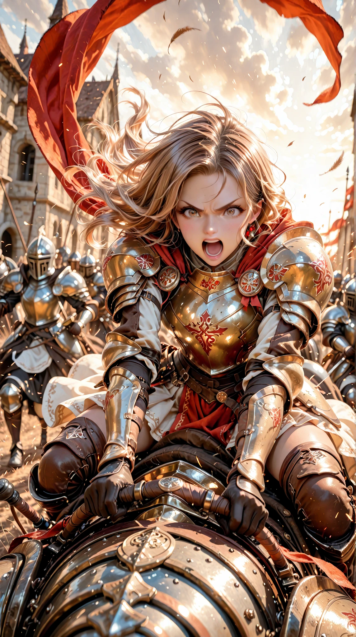 Dynamic perspective angle shot, A digital art image shows a Charioteer, long brunette hair, beautiful light brown colors eyes, charging in to the battle . She shouting a battlecry .She is dress metallic warrior armor. and she rides a chariot in full speed . The background features medieval battlefield , creating an unstoppable atmosphere. Wind blowing hard.The lighting is soft and diffused, enhancing the fantasy aesthetic. The composition is balanced, with the women centered in the frame, drawing attention to her speed of riding chariot .The overall style is reminiscent of digital painting, with smooth textures and vibrant colors.