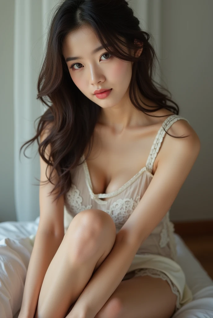 Best quality, masterpiece, super high resolution, (fidelity: 1.4), original photo, 24-year-old sexy model, messy long hair, delicate face, feminine eyes, half-exposed, white transparent floral dress, sitting on the bed with hands between your legs, shown in a positive perspective, surprising detail, very detailed