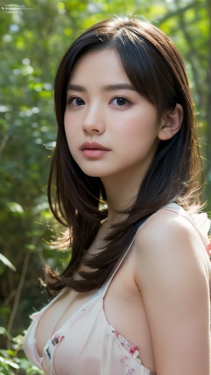 (in 8K, top-quality, masterpiece:1.2), (realisitic, Photorealsitic:1.37), ultra-detailliert, Natural sunlight, mideum breasts, I can see the cleavage, Yellow orange V-neck dress, 1 persons, 23-year-old woman, Facing the front, Look at viewers, beautiful long black hairl, Floating hair, Pendants, extremely detailed face and skin, A detailed eye, extremely detailed face and skin