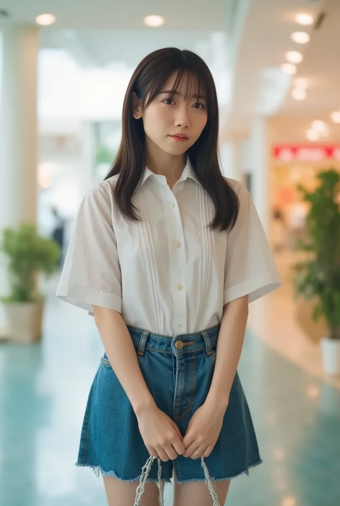 very cute and beautiful girl,(Very delicate and beautiful face and eyes:1.2), smile,Black Hair,Denim mini skirt,(From below),Glossy Pantyhose,、, summer,Rooftop,building,Chain link fence, (Highest quality,Tabletop:1.2),Intricate details,Very detailed,High resolution,alone,Cinema Lighting,
