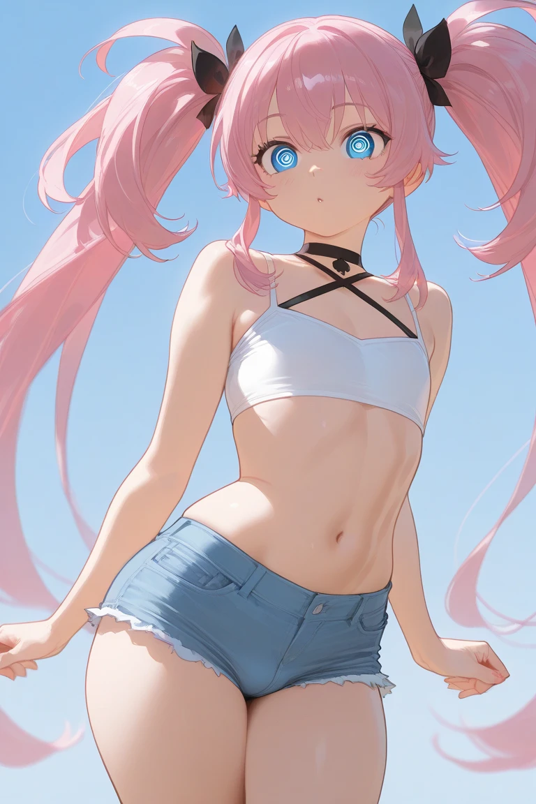 (Ultra HD quality)), ((masterpiece)), Very detailed,(((D Cup size Breasts)))Puffy nipples、(see through:1.5)、straighten your back、abdominal muscles、huge bust、angle to floor:1.2、low camera angle、Hair loss on crotch,Hatsune Miku,Foreshortening, depth of field, main part, best quality, 1 girl, pink hair, teal eyes, medium long hair, floating,Pink rays, O looks at the audience,pink skirt, flight, Dim sunlight,