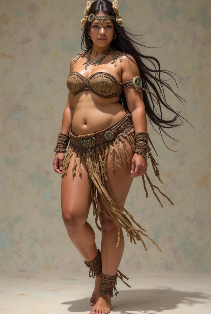 Beautiful indigenous woman , masterpiece, fully detailed, detailed face and body , Indigenous painting on the face , best possible quality, Bright reflected light , pierce the nose with crossed bones, , typical piercing, Aboriginal culture, Know more about everything , 8k、fat girl、((1 female)),stand on tiptoe、White blank background、stand facing forward、barefoot、full body portrait、stand with legs apart、model pose、