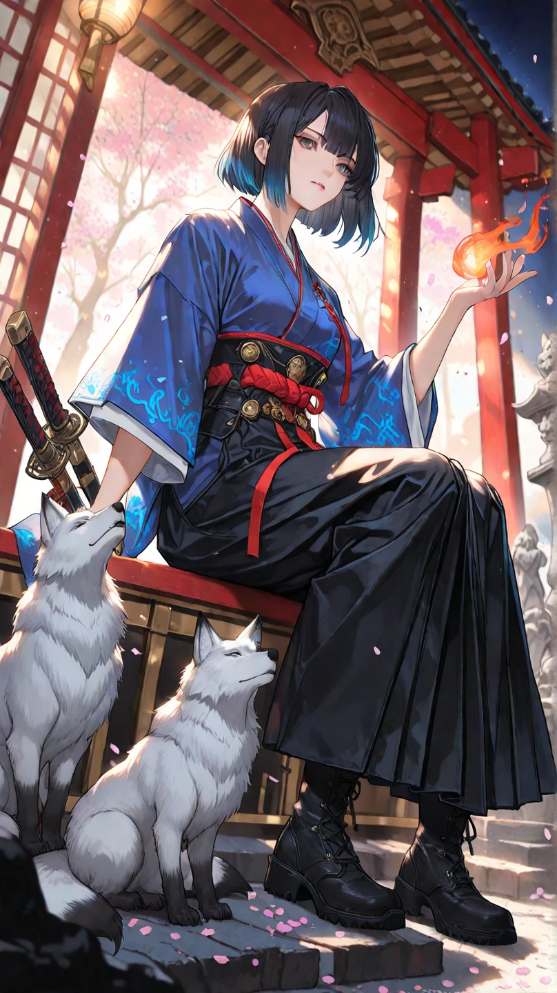 Uma Menina loli, peitos pequenos, cintura pequena, bunda grande, cabelos branco longo, olhos azul claro brilante, cenario festival japones a noite,fogos de artificio no ceu,kimono vermelho e dourado, comendo dango, orelha de gato, rabo de gato, olhar feliz