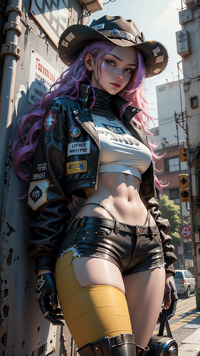 Beautiful woman medium hair, wearing cap, cyberpunk style short clothes desnuda