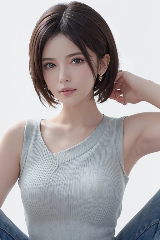 ((top-quality, in 8K,Raw photo)), (Realistic, Photorealsitic: 1.37), (Face Focus: 1.1), Cute Japan girl girl, short-hair, Hair fluttering in the wind, femele、Japan idol system、(Sleeveless: 1.1)、Skirt, C cup breasts,