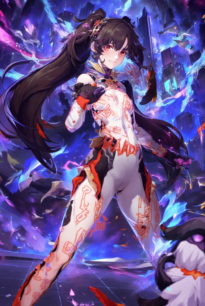 masterpiece, best quality,extremely beautiful detailed anime face and black eyes,extremely detailed illustrations,Perfect Anatomy, 1woman,solo,cowboy shot,20歳の美女,black hair,long hair,blunt bangs,black eyes ,slender body,ideal ratio body proportions,medium breasts,丈の短い黒色チャイナドレス、袖無し、深いスリット,thigh_gap, black_thighhighs,standing,簡素な寝室、室内照明、簡素なホテル、