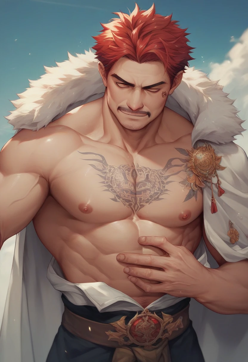1 male handsome, Japanese male model, high resolution 4k, adult, perfect face, detailed eyes and face, muscular, black eyebrows, black eyelashes, Naked torso, Detailed face, perfect face, real skin texture, detail Perfect hand, details, Real and complete hand details, unreal engine, hd picture, satoru gojo, jujutsu kaisen, red hair, short hair ,hair between eyes ,black eyes, white skin, 1 peacock, white peacock costume, necklace