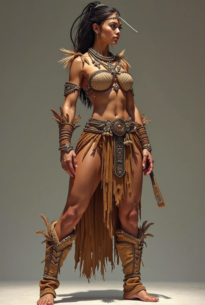 full body fantasy illustration of a naked 20 year old female from the prehistoric era with short unkempt white hair standing proud