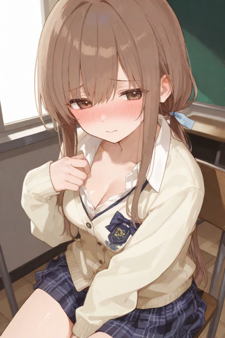 mastute piece,Best Quality,insanely detailed,8k cg,nsfw,
(shoot upper body:1.3),
(1girls:1.3),standing,looking at viewr,body in front,both arms behind back,(light brown school blazer-suit:1.3),(bare breasts:1.1),(bare nipples:1.1),
break,
blush,shy,(ecstasy face),(trembling:1.2),break,(light gray hair:1.2),long hair,
break,
perfect breasts,perfect teats,(open mouth:0.9),(large breasts:1.3),
(classroom)、