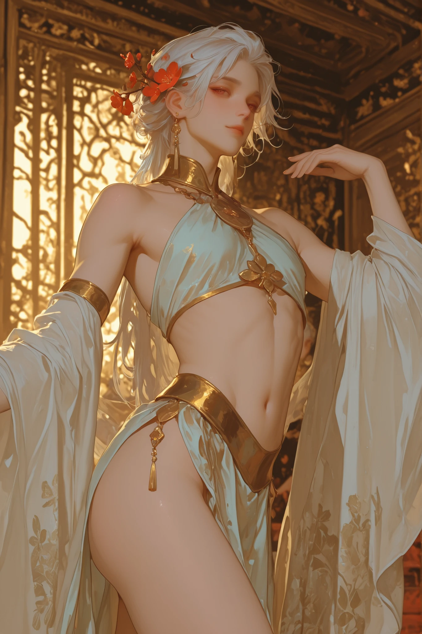 (ONLY ONE FEMBOY) A male adults femboy, slim body , long white hair, wearing Indian Costumes,gold accessories, plum blossoms in hair, Indian court scene, soft shoulders , soft slim thighs. Dancing.
