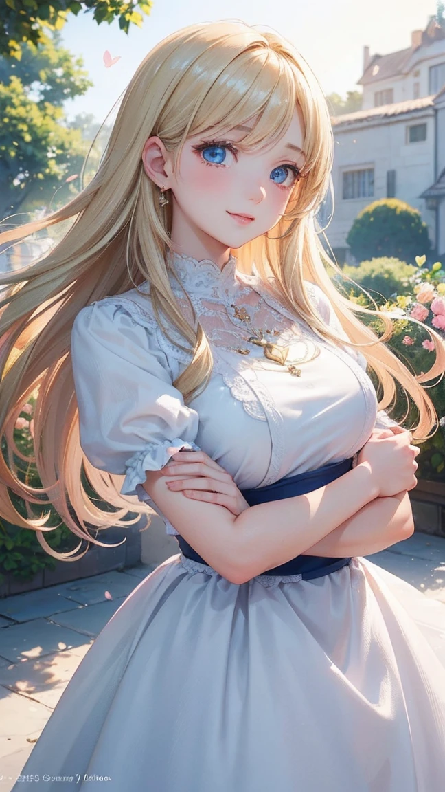 (High quality, High resolution, Fine details), Castle Balcony, American Sleeveless Dresses, solo, curvy women, blond hair, sparkling eyes, fashionable hairstyle, (Detailed eyes:1.2), smile, blush, Sweat, Oily skin, View from the side, (shallow depth of field)