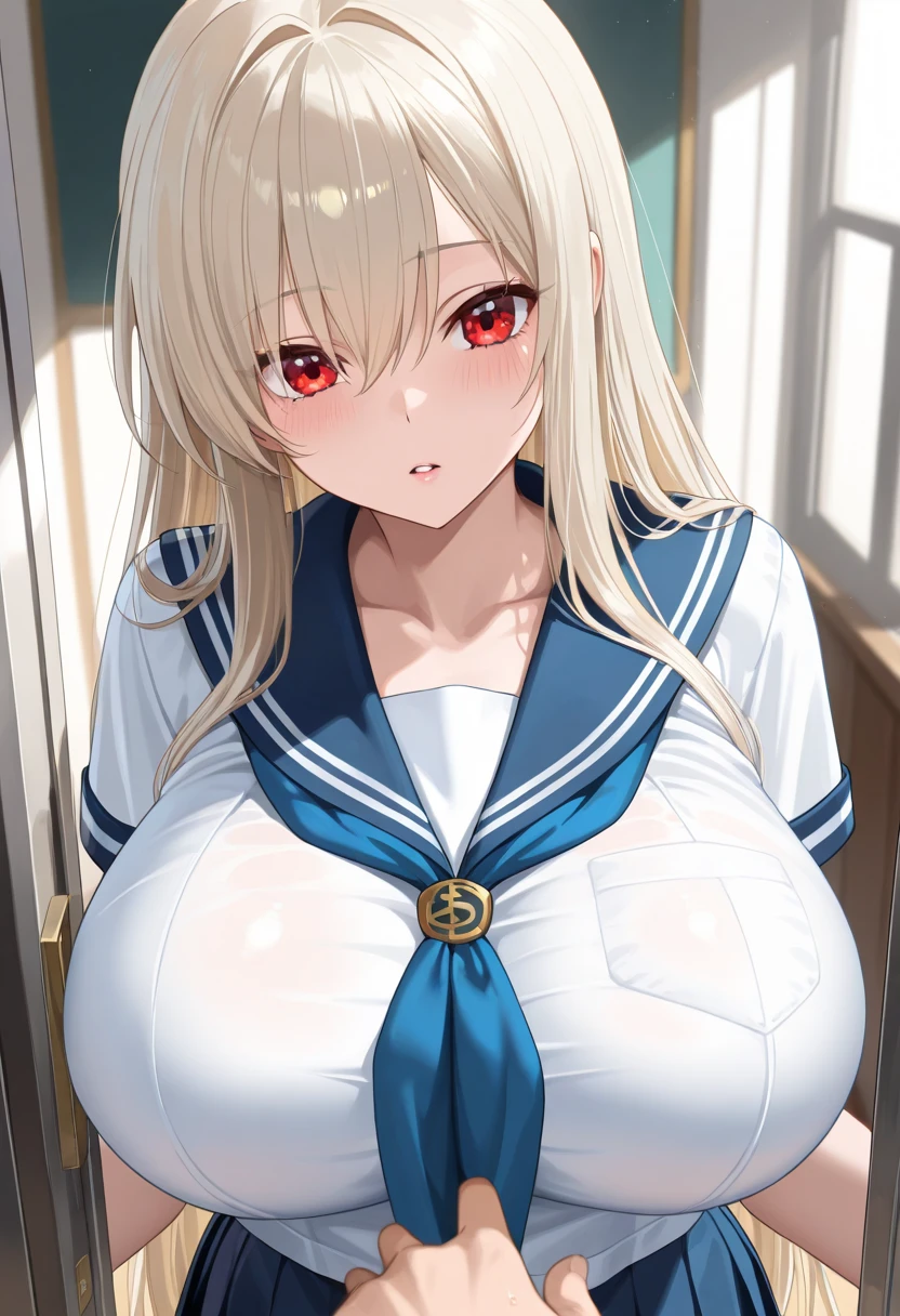 (masterpiece, highest quality:1.2), cowboy shot, alone, 1 girl, Kasukawa Sasara, smile, looking at the viewer, Put your own hands together, ribbon, , serafuku, long sleeve, pleated skirt, Thighhighs, Cherry tree、camel toe、huge tit、nipple puff、cleavage、Plump、Super big breasts、super big butt、Temptation、lure、My chest is about to explode、The student council room、Talked